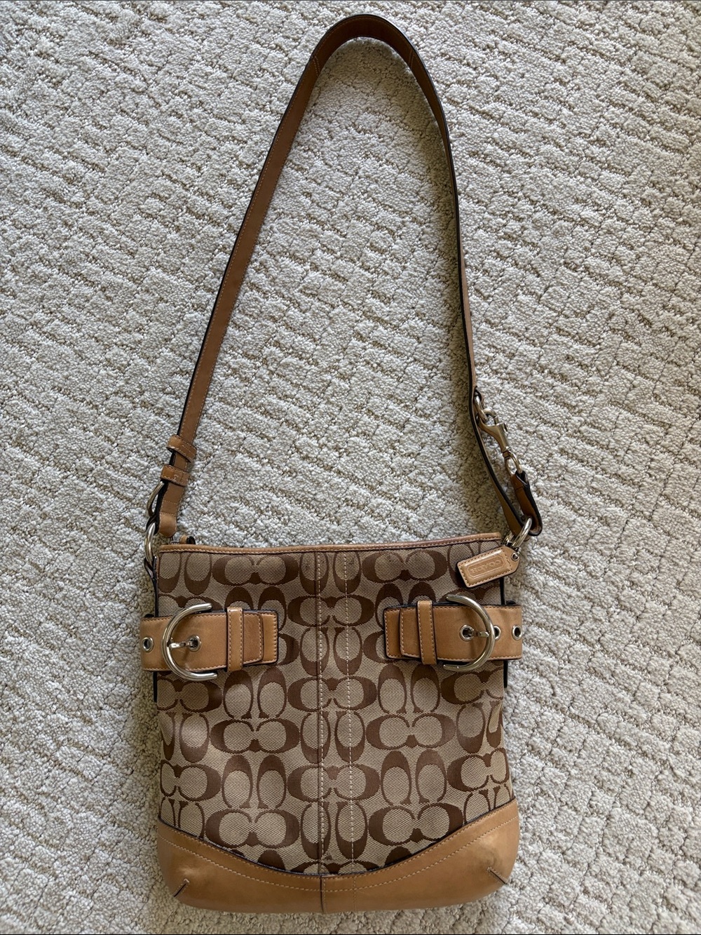 Vintage Coach Tan and Brown Signature Canvas Shoulder Bag